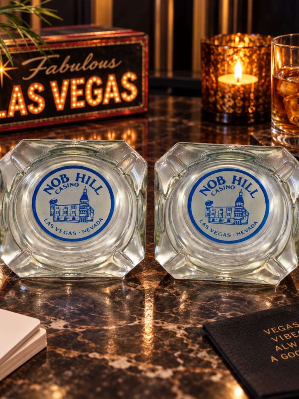Vintage Nob Hill Casino Las Vegas Glass Ashtrays Set of 2 Nevada 3.5"